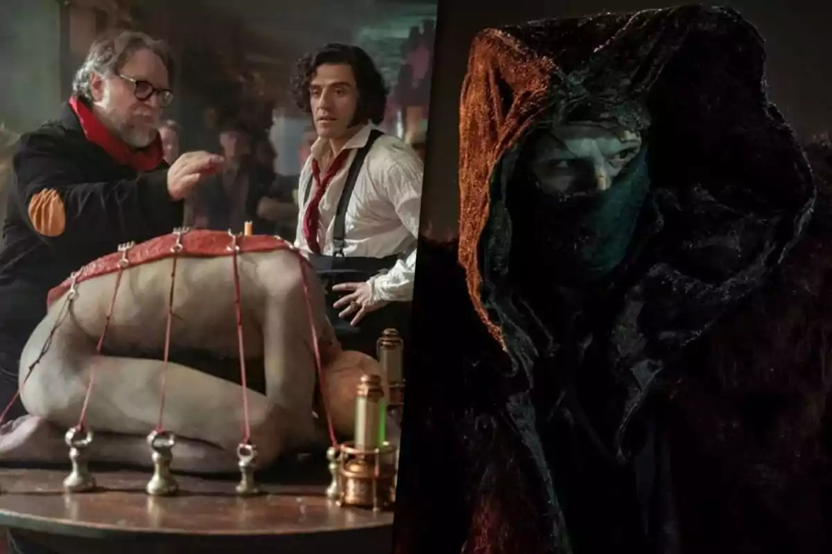 Dos escenas de una serie de terror, a la izquierda un hombre con gafas y otro de cabello rizado observan una figura humana en posición extraña sobre una mesa, a la derecha una persona encapuchada y enmascarada mira hacia un lado en la oscuridad