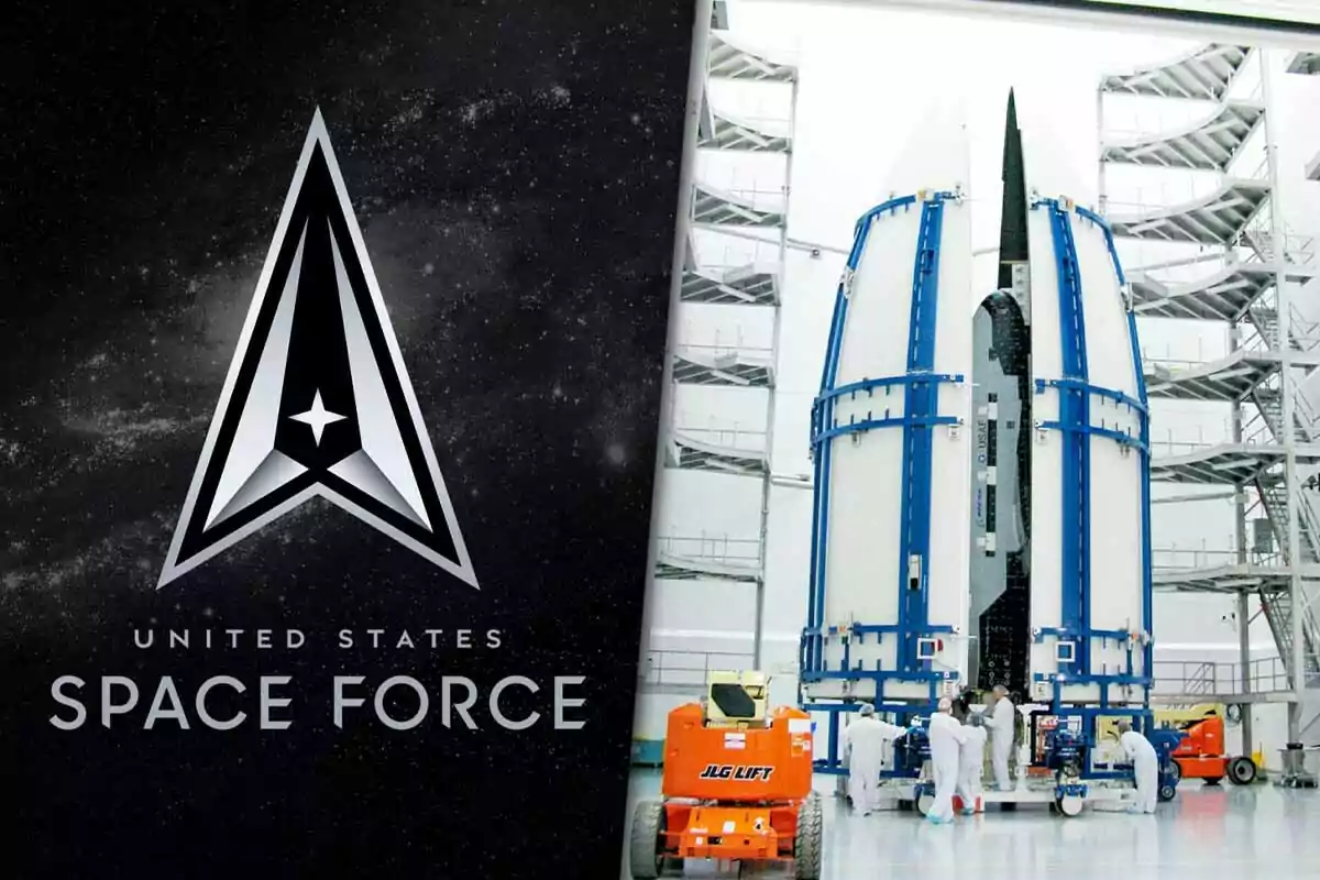United States Space Force logo next to an image of a rocket in a hangar with personnel working around it