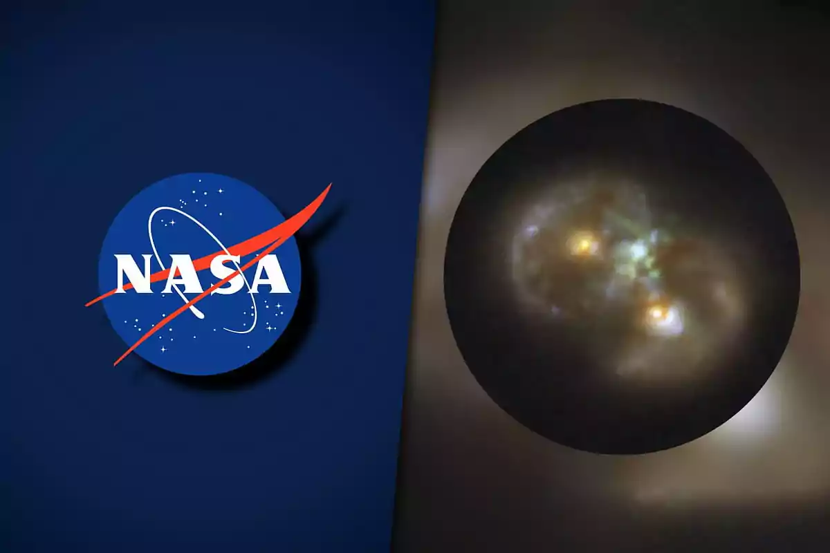 NASA logo on the left and an image of a galaxy or space phenomenon on the right over a dark background