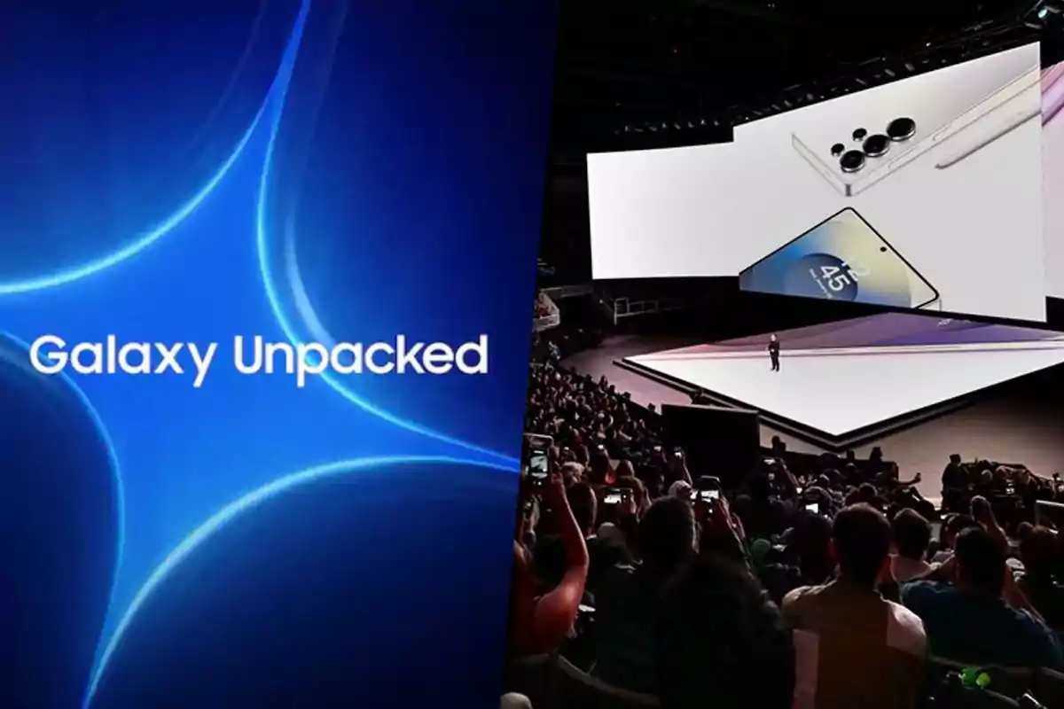 Galaxy Unpacked event with an audience watching a presentation of new Samsung devices on a large stage and a blue screen displaying the text Galaxy Unpacked.