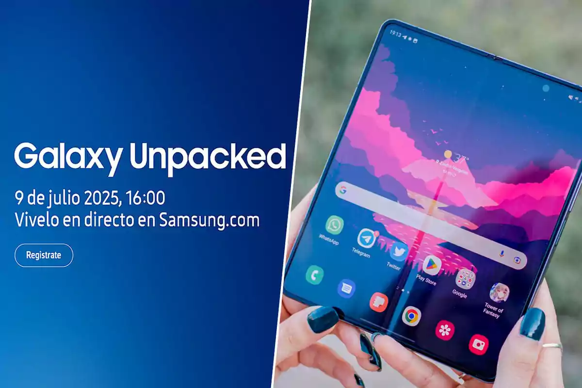Invitación al evento Galaxy Unpacked del 9 de julio de 2025 mostrando un teléfono plegable Samsung en manos de una persona Invitación al evento Galaxy Unpacked del 9 de julio de 2025 mostrando un teléfono plegable Samsung en manos de una persona