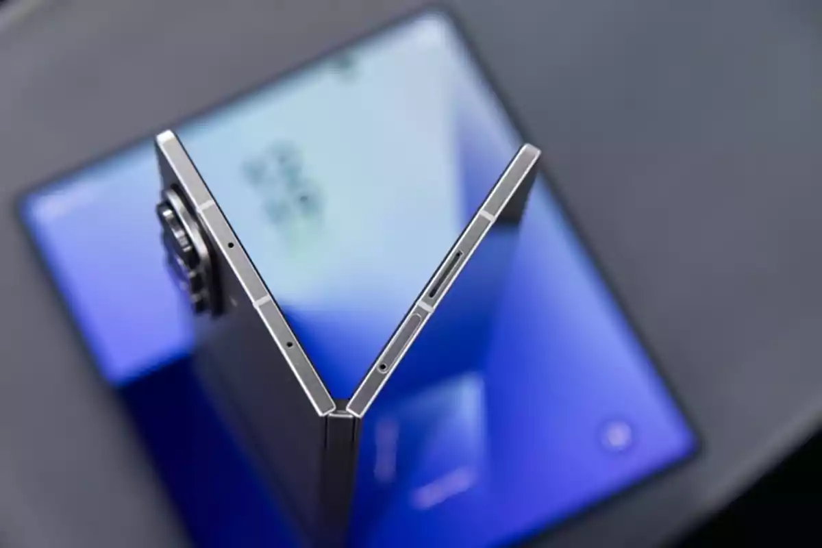 Teléfono plegable moderno parcialmente abierto sobre una superficie gris con pantalla azul reflejada Teléfono plegable moderno parcialmente abierto sobre una superficie gris con pantalla azul reflejada