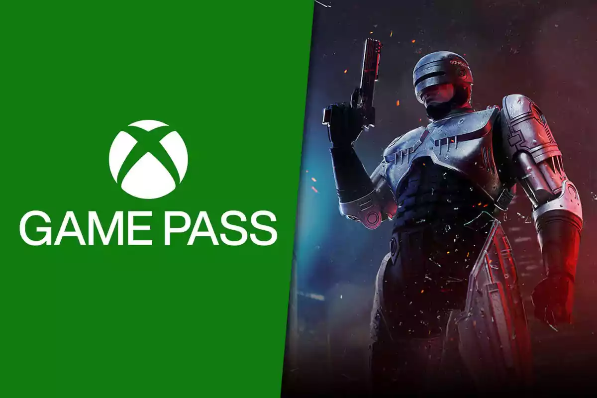 Xbox Game Pass logo on the left and an armed robotic character on the right in a futuristic setting