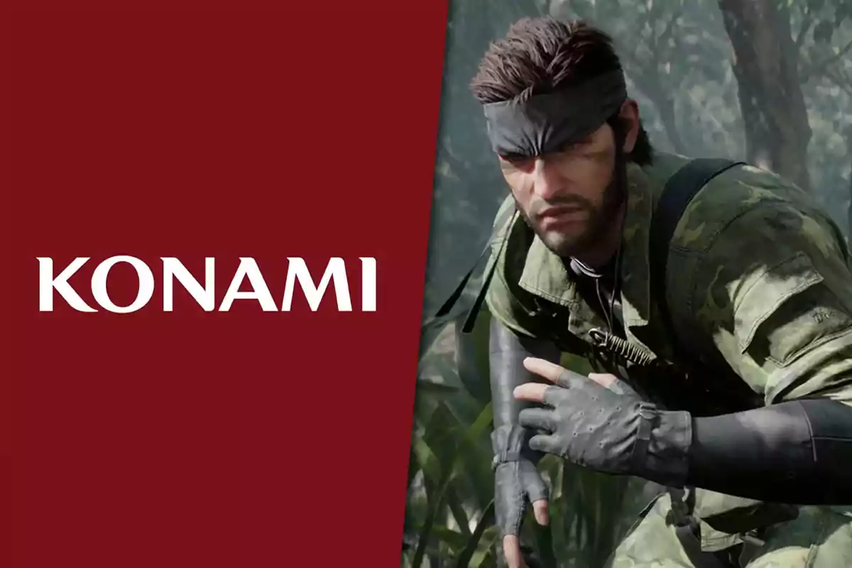 Konami logo on the left and a video game character with a headband and military clothing on the right in a jungle environment