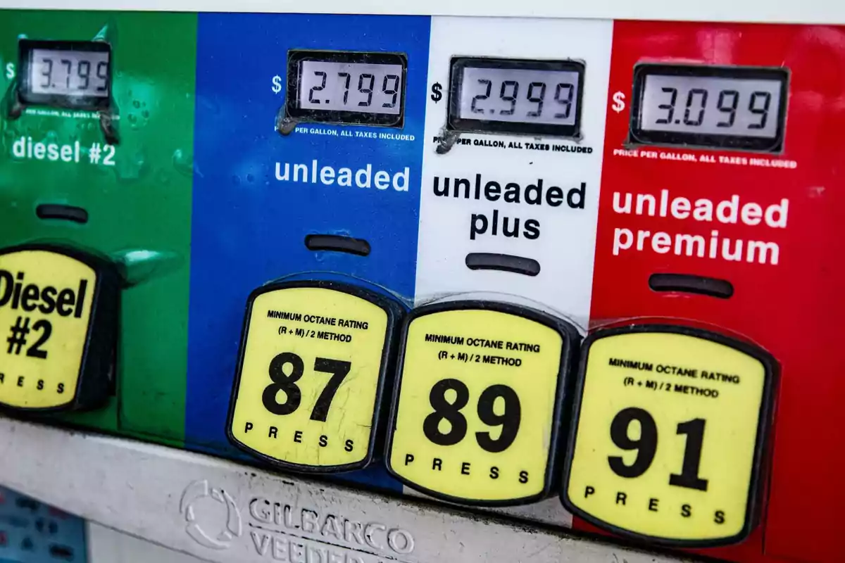 Panel de una gasolinera con opciones de diésel, gasolina regular, gasolina plus y gasolina premium, mostrando los precios y los niveles de octanaje de cada tipo de combustible Panel de una gasolinera con opciones de diésel, gasolina regular, gasolina plus y gasolina premium, mostrando los precios y los niveles de octanaje de cada tipo de combustible