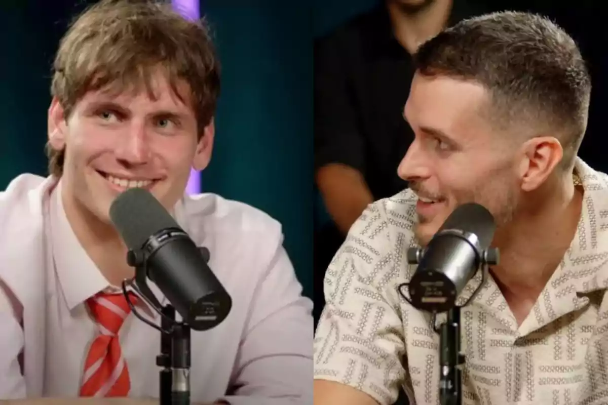 Two men are talking in front of microphones in a recording studio. Two men are talking in front of microphones in a recording studio.