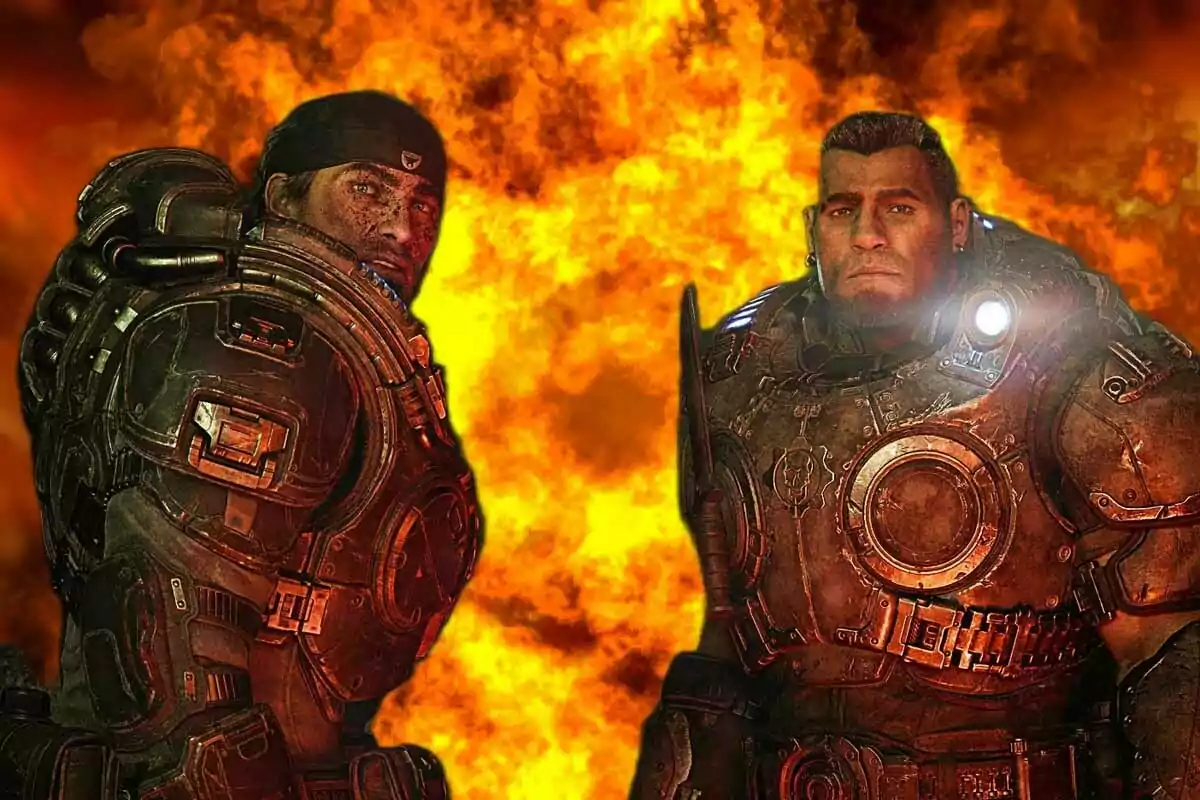 Dos soldados con armaduras futuristas están de pie frente a una explosión de fuego Dos soldados con armaduras futuristas están de pie frente a una explosión de fuego