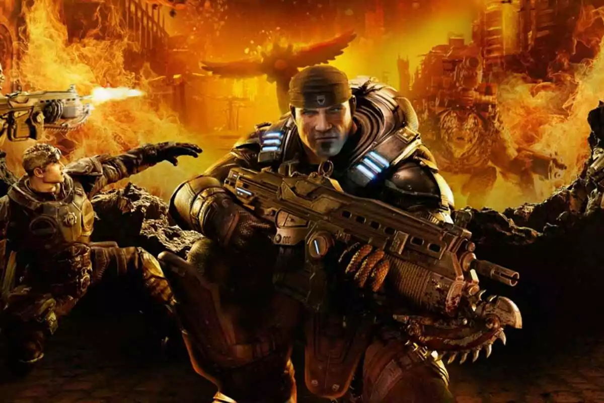Soldados fuertemente armados con armaduras futuristas luchan en un entorno destruido y en llamas mientras criaturas monstruosas aparecen al fondo Soldados fuertemente armados con armaduras futuristas luchan en un entorno destruido y en llamas mientras criaturas monstruosas aparecen al fondo