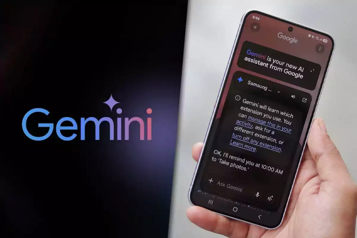 A hand holds a smartphone displaying the interface of Google’s Gemini AI assistant, next to the Gemini logo on a dark background.