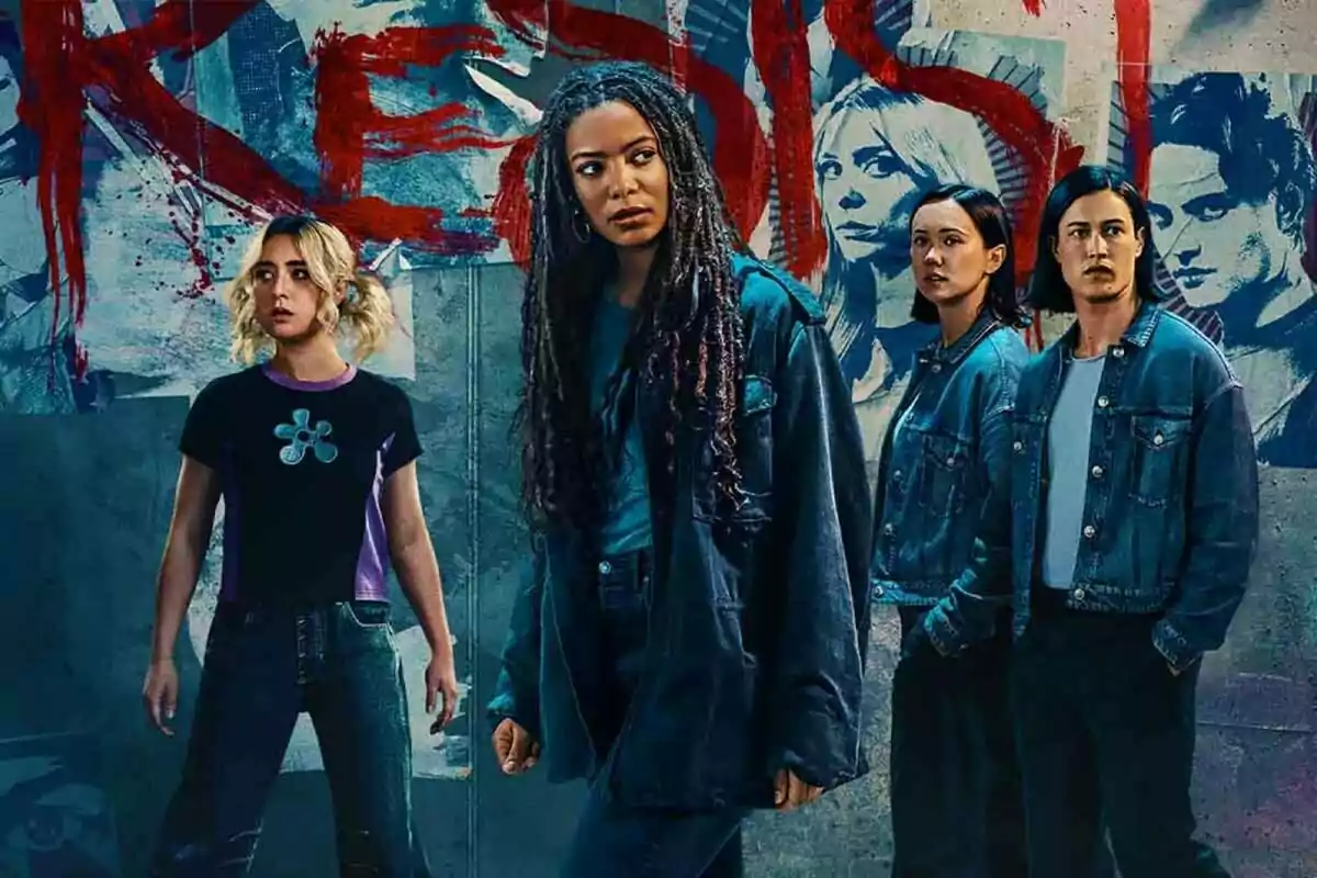 Four young people with serious expressions pose in front of a wall with graffiti and portraits in blue and red tones. Four young people with serious expressions pose in front of a wall with graffiti and portraits in blue and red tones.