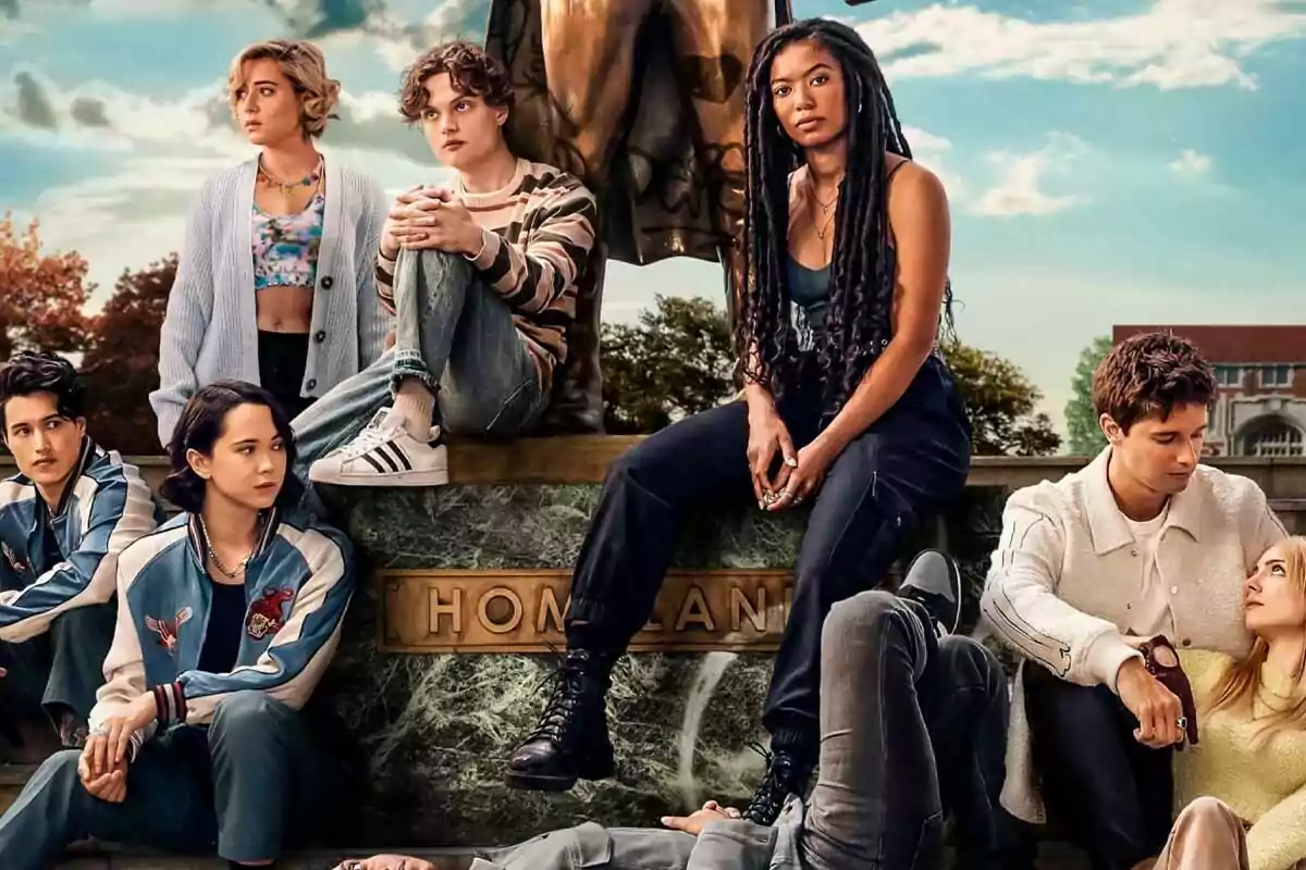 A group of young people with different clothing styles pose sitting and leaning against an outdoor statue, with a blue sky and trees in the background. A group of young people with different clothing styles pose sitting and leaning against an outdoor statue, with a blue sky and trees in the background.