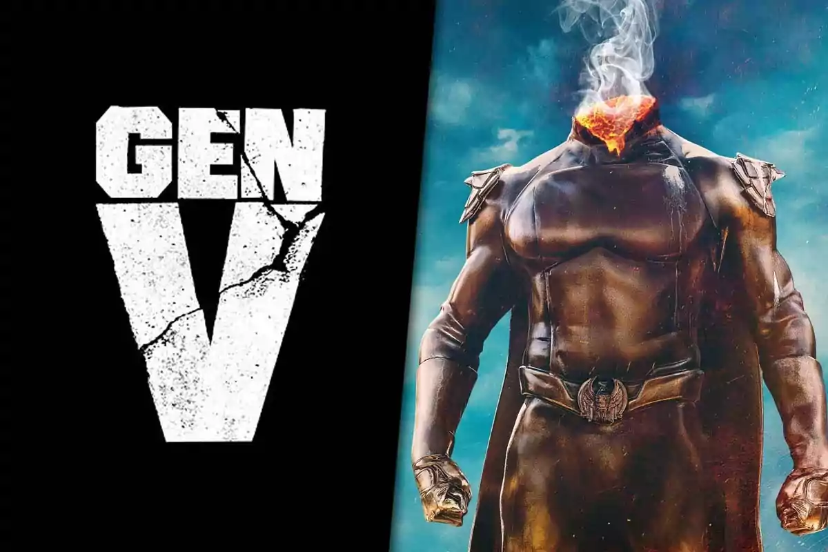 Gen V logo on the left and a headless superhero with smoke coming out of his neck on the right