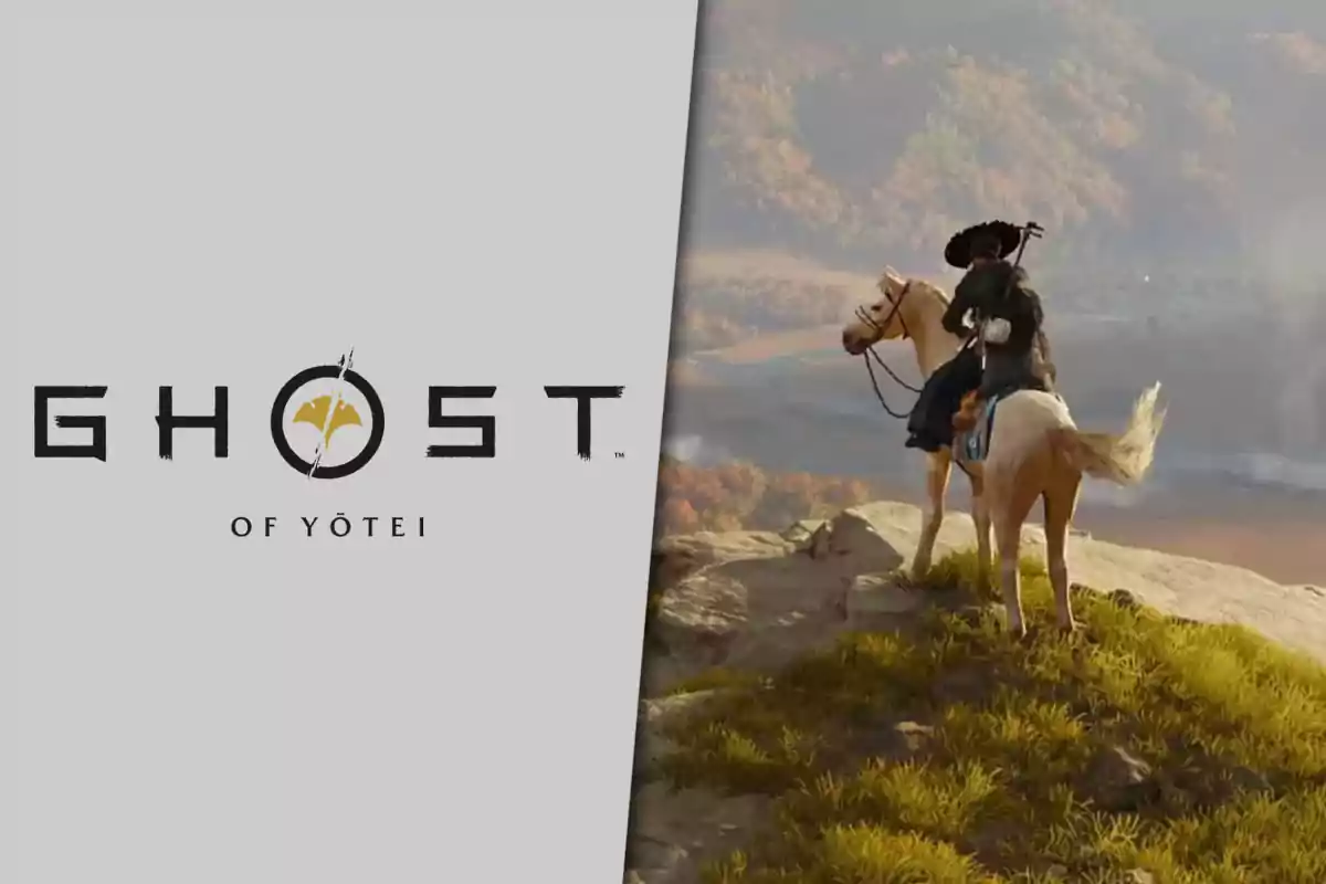 Logo de Ghost of Yōtei a la izquierda y un samurái montado a caballo observando un paisaje montañoso a la derecha