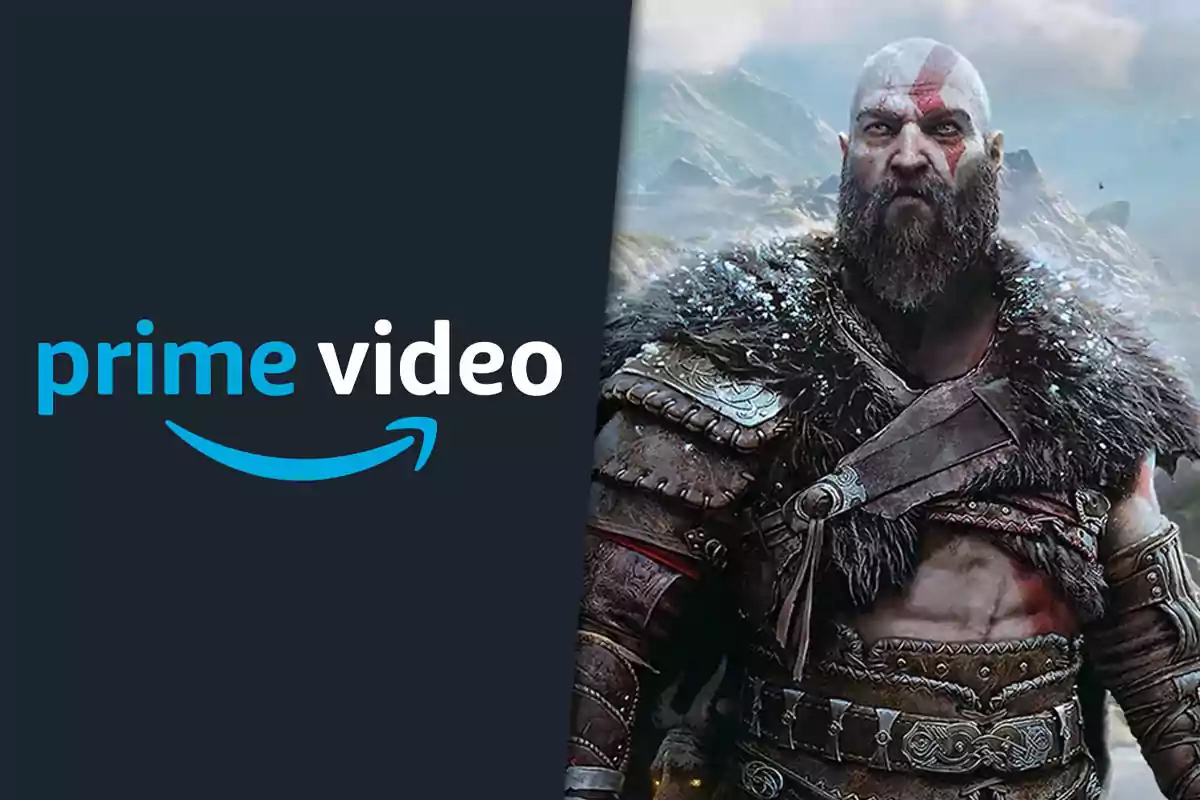Prime Video logo next to a muscular, bearded character wearing leather and metal armor in a snowy mountain landscape