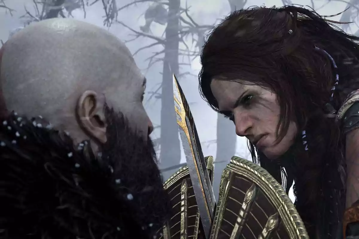 Dos personajes de un videojuego se enfrentan cara a cara en un bosque nevado, uno sostiene un escudo y el otro una espada, ambos con expresiones intensas. Dos personajes de un videojuego se enfrentan cara a cara en un bosque nevado, uno sostiene un escudo y el otro una espada, ambos con expresiones intensas.
