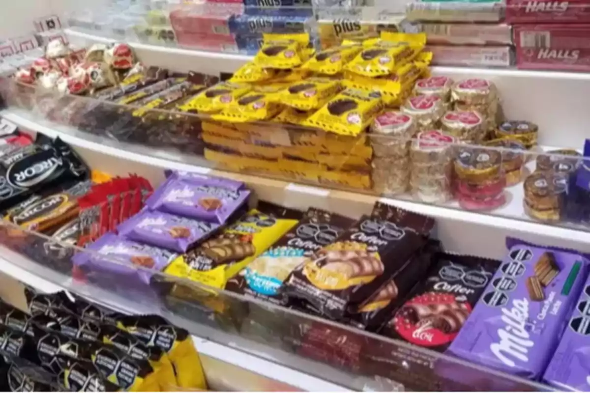 Store shelf with a variety of packaged cookies, chocolates, and candies Store shelf with a variety of packaged cookies, chocolates, and candies