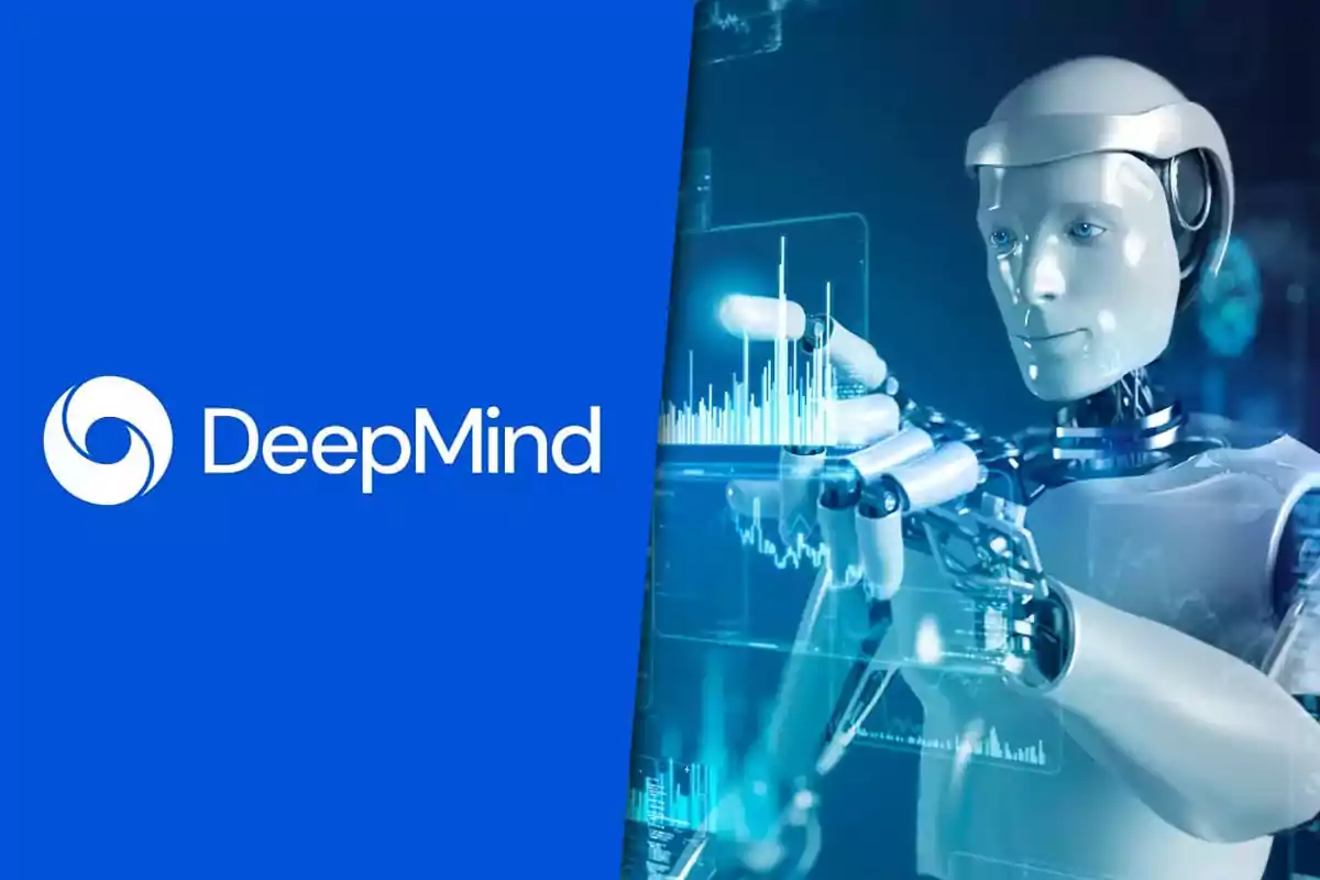 DeepMind logo next to a robot interacting with digital screens and futuristic graphics