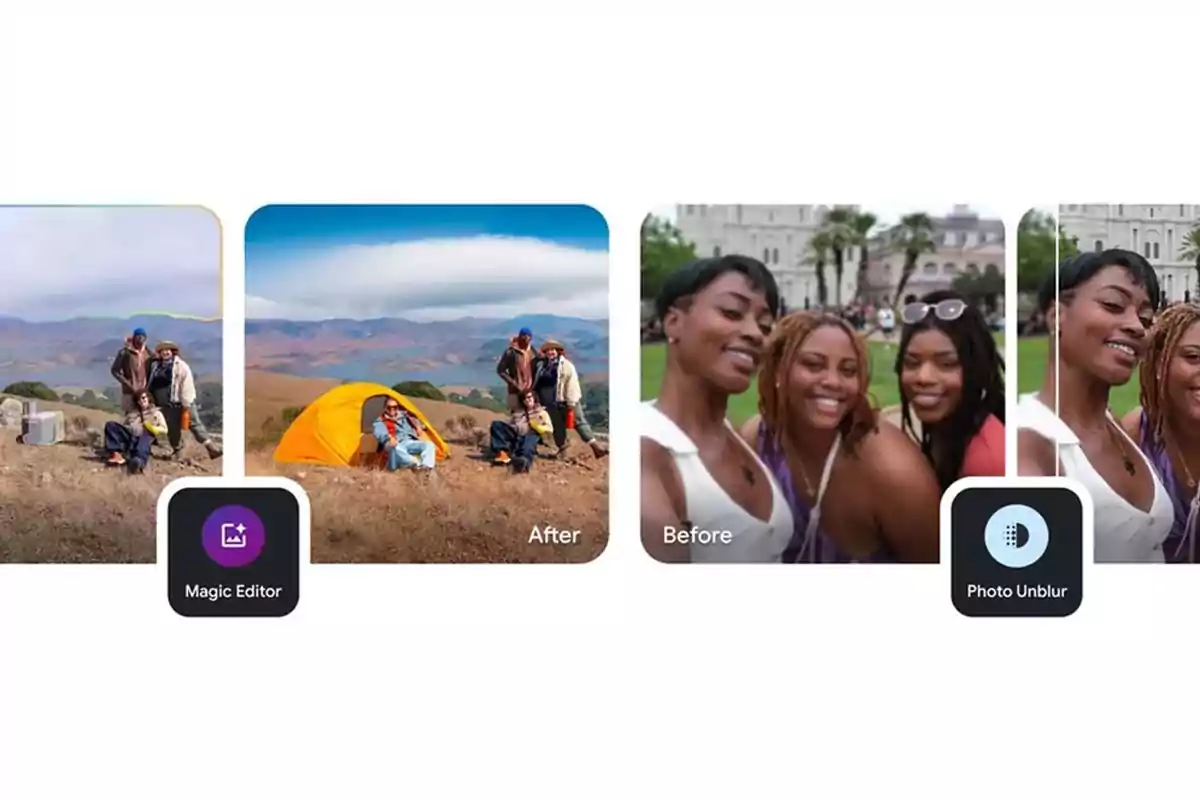 Comparación de fotos editadas con herramientas de inteligencia artificial mostrando mejoras en la nitidez y cambios en el fondo Comparación de fotos editadas con herramientas de inteligencia artificial mostrando mejoras en la nitidez y cambios en el fondo