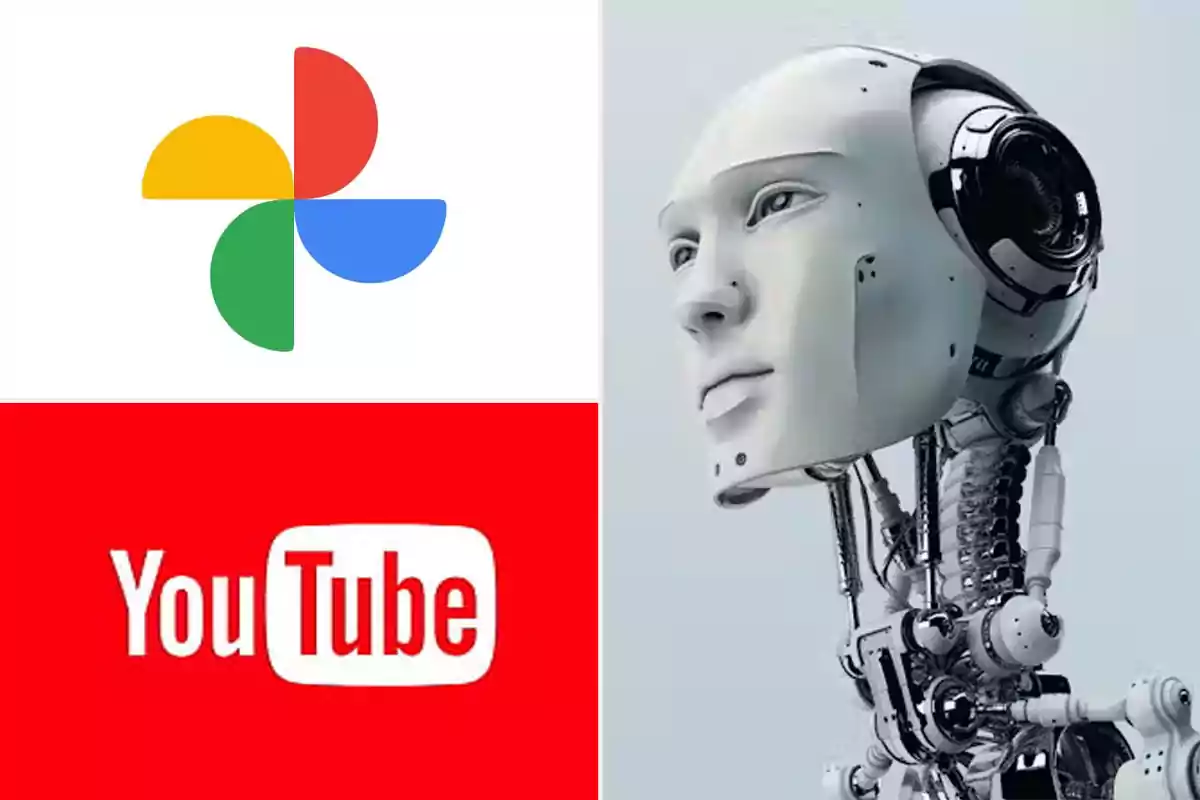 Logos de Google Fotos y YouTube junto a la imagen de un robot humanoide