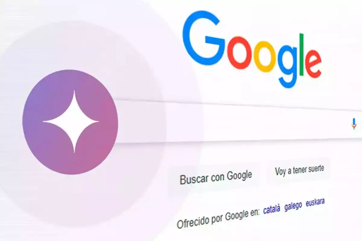 Página principal de Google con el logotipo de Google Bard superpuesto a la izquierda Página principal de Google con el logotipo de Google Bard superpuesto a la izquierda