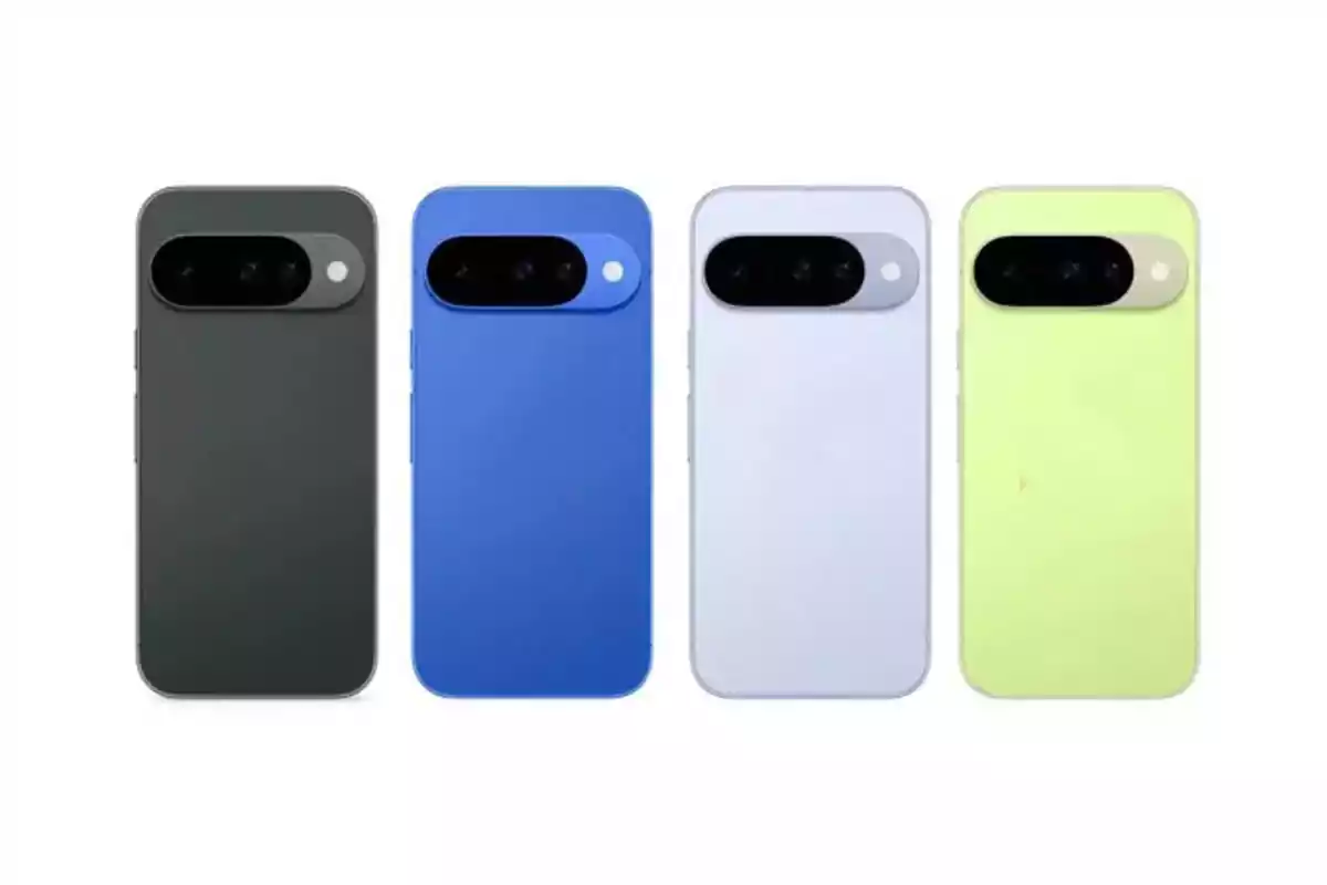 Cuatro teléfonos inteligentes en colores negro azul blanco y amarillo alineados de espaldas mostrando sus cámaras traseras Cuatro teléfonos inteligentes en colores negro azul blanco y amarillo alineados de espaldas mostrando sus cámaras traseras