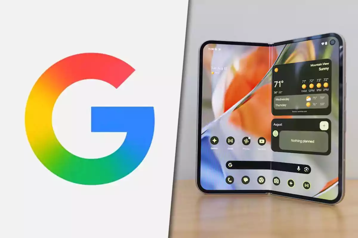 Google logo next to a foldable phone with the screen on displaying widgets and apps