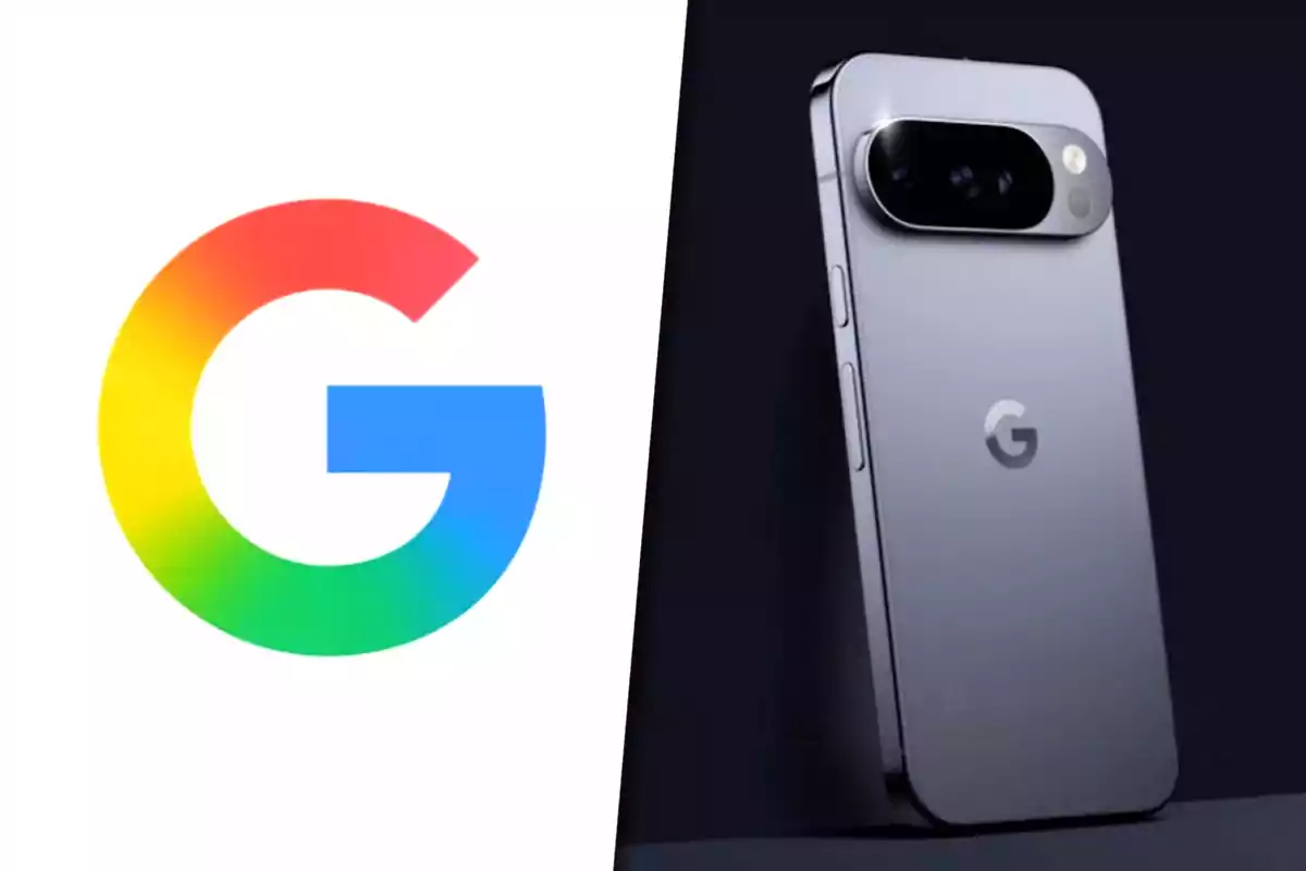 Logo de Google junto a un teléfono inteligente gris con el logotipo de Google en la parte trasera