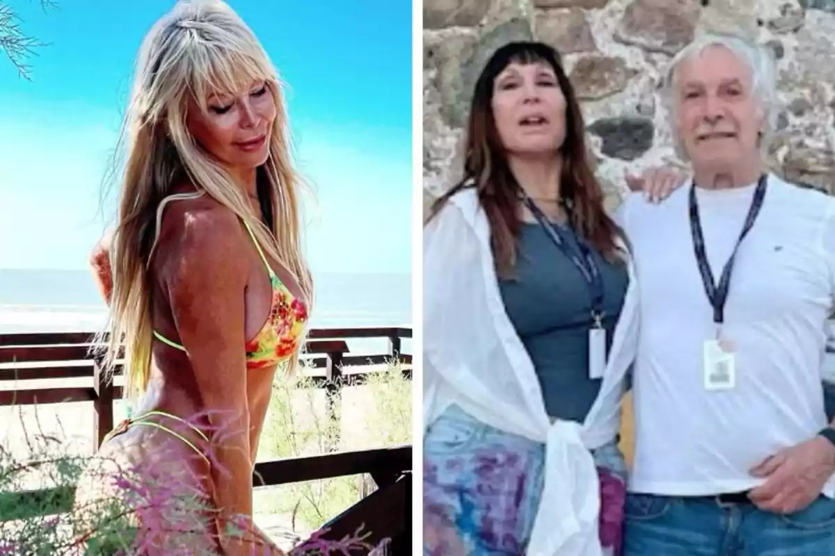 A blonde woman in a bikini poses on the beach while, in the other half of the image, a couple smiles in front of a stone wall.
