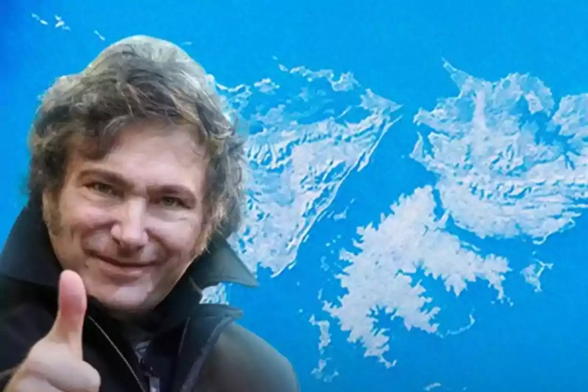 Man with thumbs up in front of a map of the Falkland Islands on a blue background