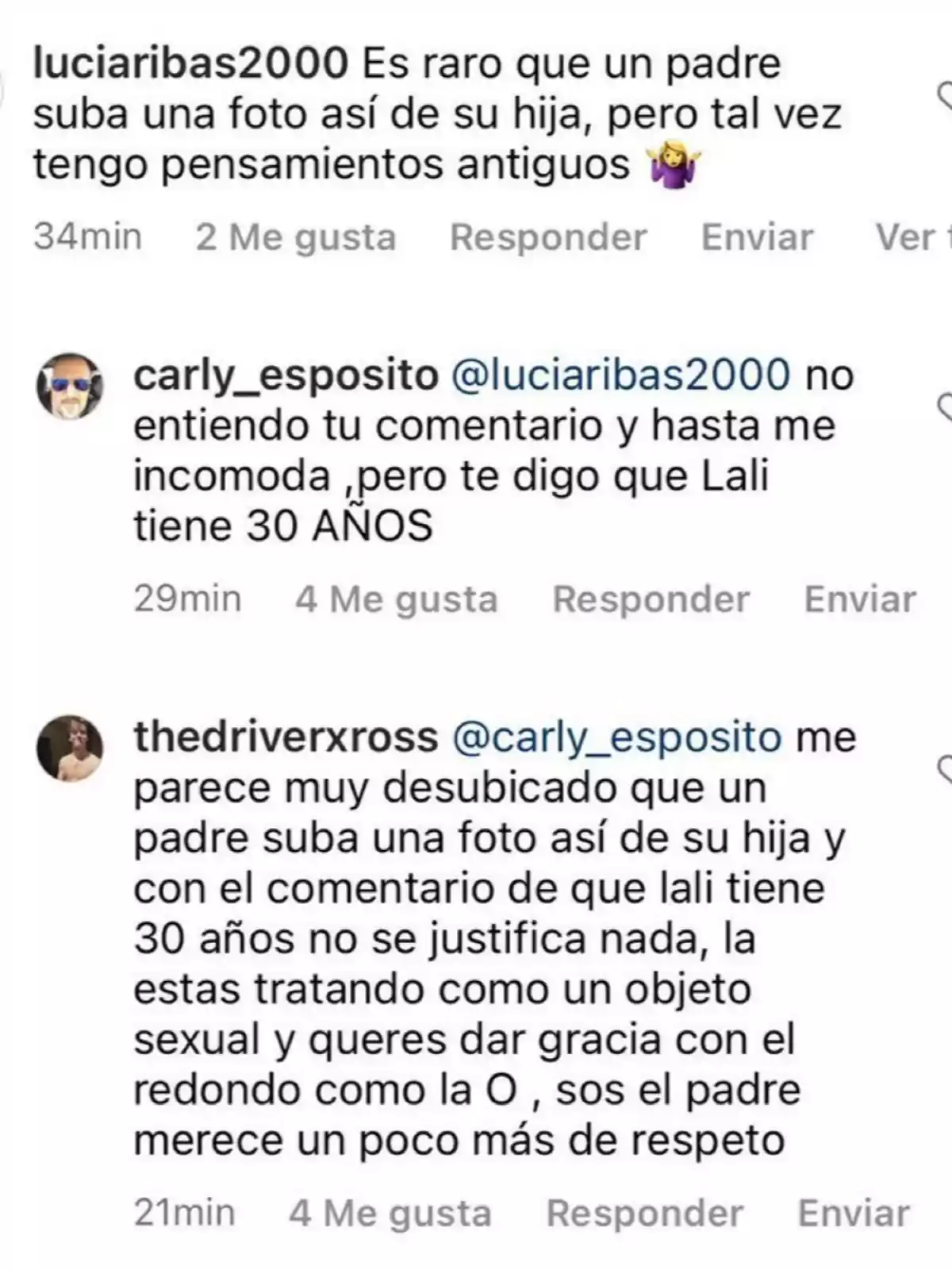 Screenshot of a social media conversation where three users discuss whether it is appropriate for a father to post a photo of his daughter, mentioning the daughter's age and debating respect and the perception of the image. Screenshot of a social media conversation where three users discuss whether it is appropriate for a father to post a photo of his daughter, mentioning the daughter's age and debating respect and the perception of the image.