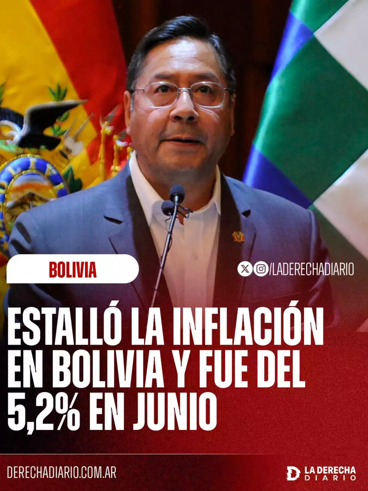 Un hombre con gafas y traje habla frente a un micrófono con banderas de Bolivia de fondo y un texto que informa sobre el aumento de la inflación en Bolivia al 5,2 por ciento en junio Un hombre con gafas y traje habla frente a un micrófono con banderas de Bolivia de fondo y un texto que informa sobre el aumento de la inflación en Bolivia al 5,2 por ciento en junio