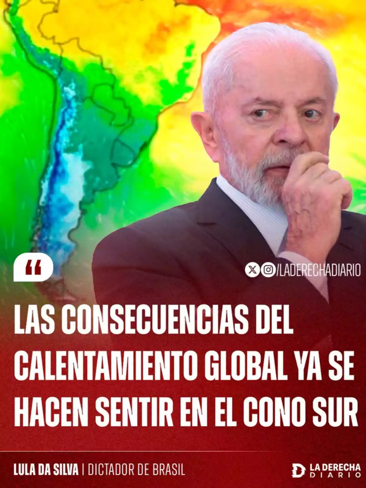 Hombre de cabello y barba blanca con expresión pensativa frente a un mapa de Sudamérica en colores cálidos y un texto que advierte sobre las consecuencias del calentamiento global en el Cono Sur Hombre de cabello y barba blanca con expresión pensativa frente a un mapa de Sudamérica en colores cálidos y un texto que advierte sobre las consecuencias del calentamiento global en el Cono Sur