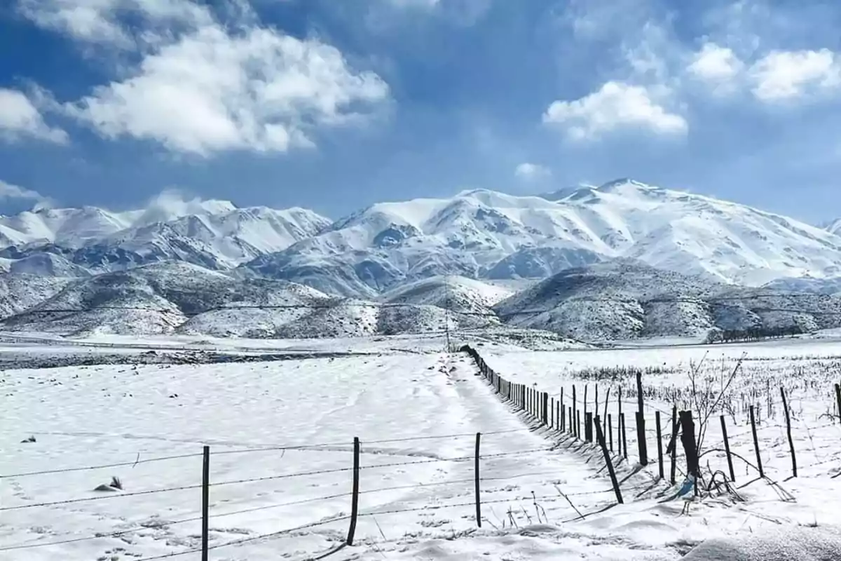 Snow-covered mountain landscape with a blue sky and some clouds, a snowy field, and a wooden fence in the foreground