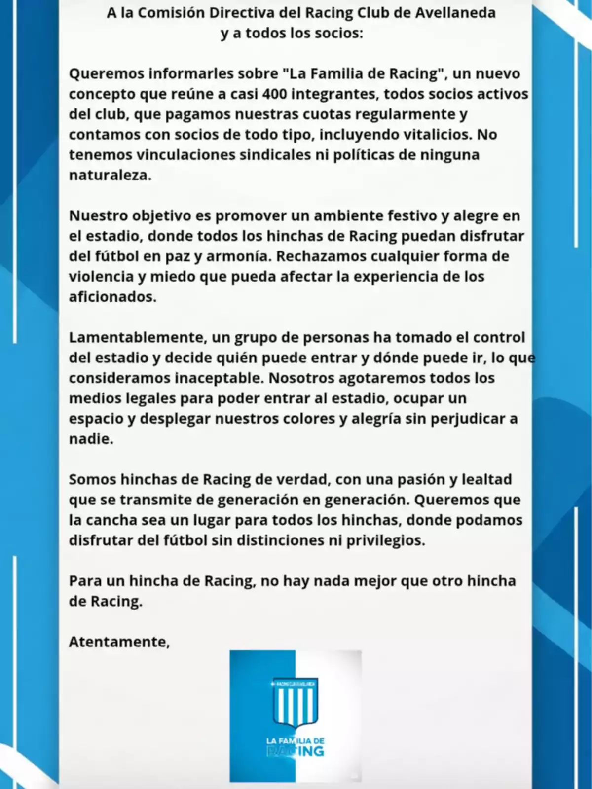 Letter addressed to the Board of Directors of Racing Club de Avellaneda and its members, in which the group Letter addressed to the Board of Directors of Racing Club de Avellaneda and its members, in which the group