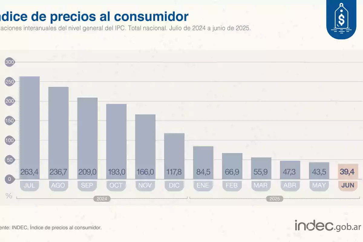 Gráfico de barras que muestra la variación interanual del índice de precios al consumidor en Argentina desde julio de 2024 hasta junio de 2025, con una tendencia descendente desde 263,4% en julio de 2024 hasta 39,4% en junio de 2025 Gráfico de barras que muestra la variación interanual del índice de precios al consumidor en Argentina desde julio de 2024 hasta junio de 2025, con una tendencia descendente desde 263,4% en julio de 2024 hasta 39,4% en junio de 2025