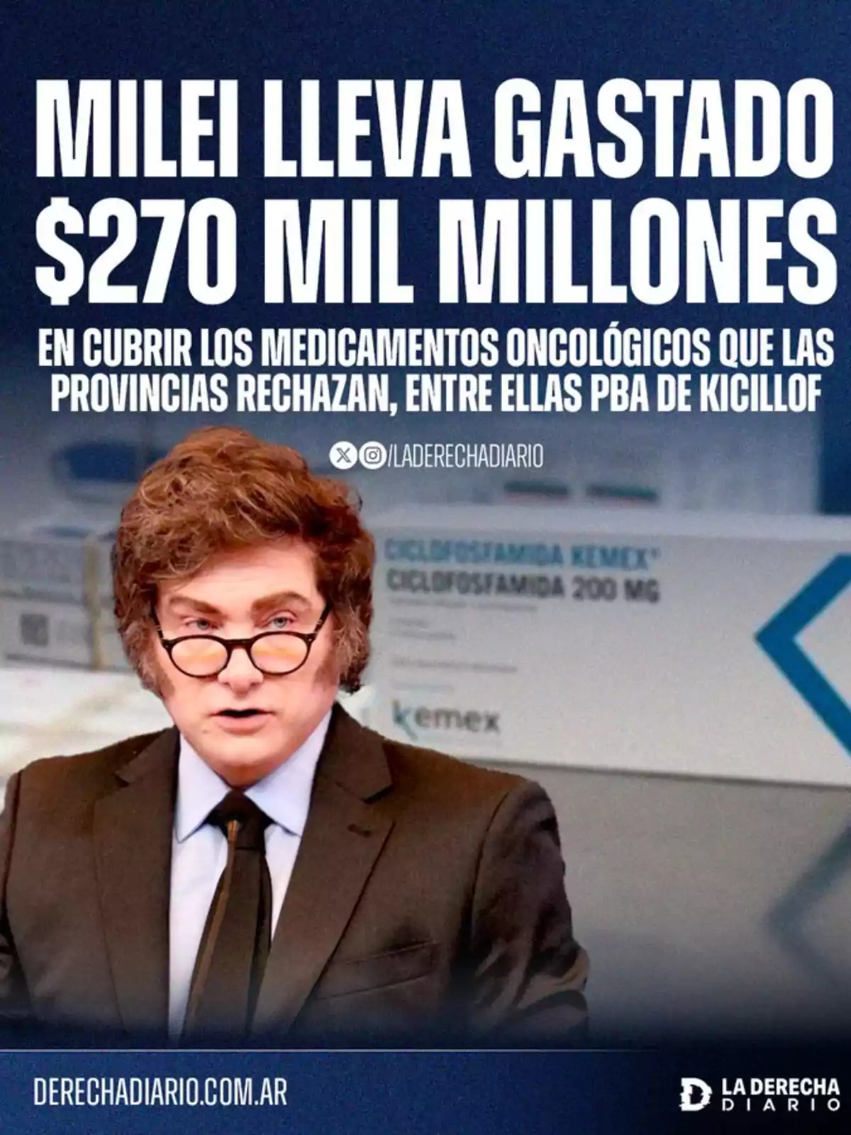 Javier Milei, wearing glasses and a dark suit, appears in front of boxes of cancer medications, accompanied by a text mentioning the expenditure of 270 billion pesos to cover these treatments that the provinces refuse. Javier Milei, wearing glasses and a dark suit, appears in front of boxes of cancer medications, accompanied by a text mentioning the expenditure of 270 billion pesos to cover these treatments that the provinces refuse.