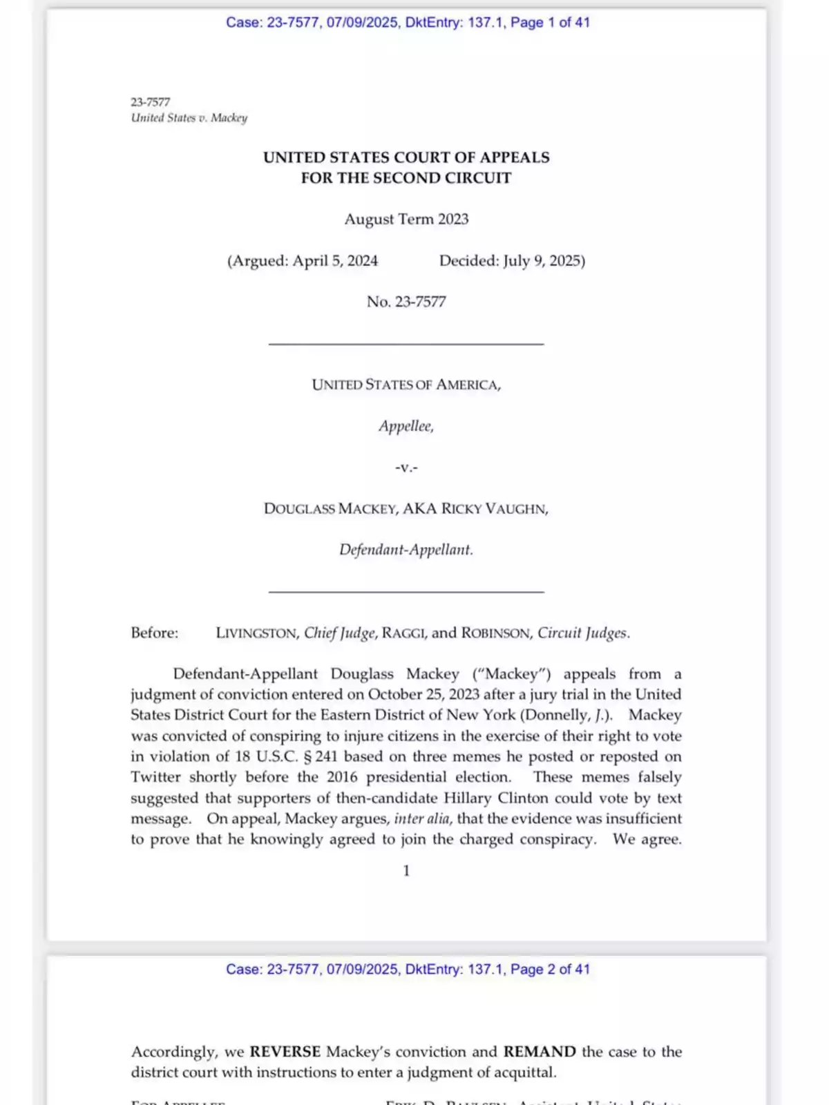 Cover page of a judicial decision from the United States Court of Appeals for the Second Circuit in the case United States v. Mackey, mentioning the reversal of Douglass Mackey’s conviction and the remand of the case for a new trial. Cover page of a judicial decision from the United States Court of Appeals for the Second Circuit in the case United States v. Mackey, mentioning the reversal of Douglass Mackey’s conviction and the remand of the case for a new trial.