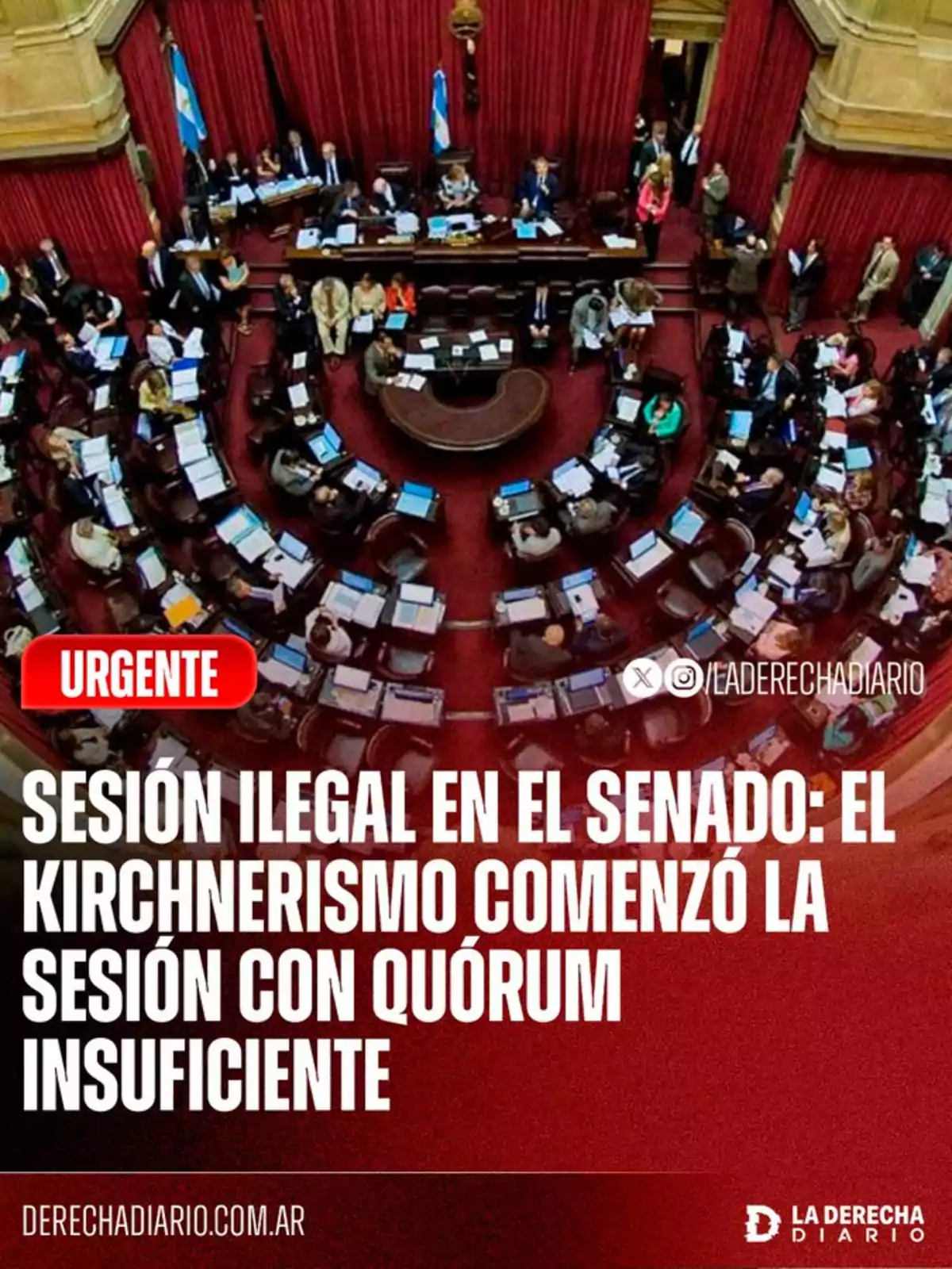 Aerial view of the Argentine Senate chamber during a session with several people seated and computers on, accompanied by a headline denouncing an illegal session due to lack of quorum. Aerial view of the Argentine Senate chamber during a session with several people seated and computers on, accompanied by a headline denouncing an illegal session due to lack of quorum.