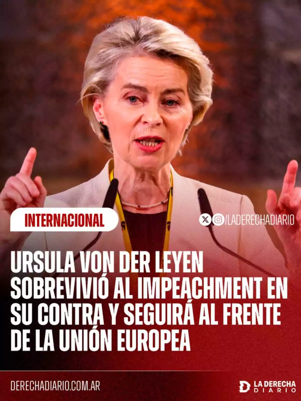 Blonde-haired woman speaking in front of microphones with an orange background and text reporting that Ursula von der Leyen survived an impeachment and will continue leading the European Union. Blonde-haired woman speaking in front of microphones with an orange background and text reporting that Ursula von der Leyen survived an impeachment and will continue leading the European Union.