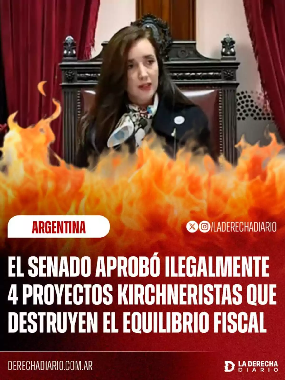 A woman sitting on a platform with flames in the foreground and text denouncing the illegal approval of Kirchnerist projects in the Argentine Senate A woman sitting on a platform with flames in the foreground and text denouncing the illegal approval of Kirchnerist projects in the Argentine Senate