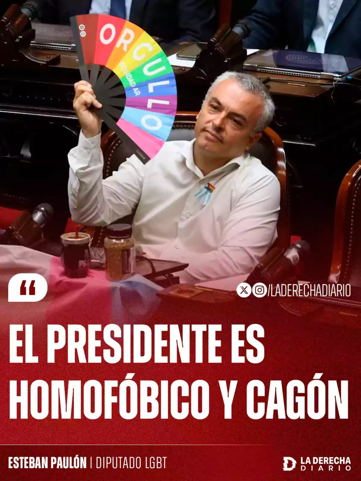 Un diputado sostiene un abanico con los colores del arcoíris y la palabra orgullo mientras está sentado en una banca, acompañado de un texto que critica al presidente por ser homofóbico y cobarde Un diputado sostiene un abanico con los colores del arcoíris y la palabra orgullo mientras está sentado en una banca, acompañado de un texto que critica al presidente por ser homofóbico y cobarde