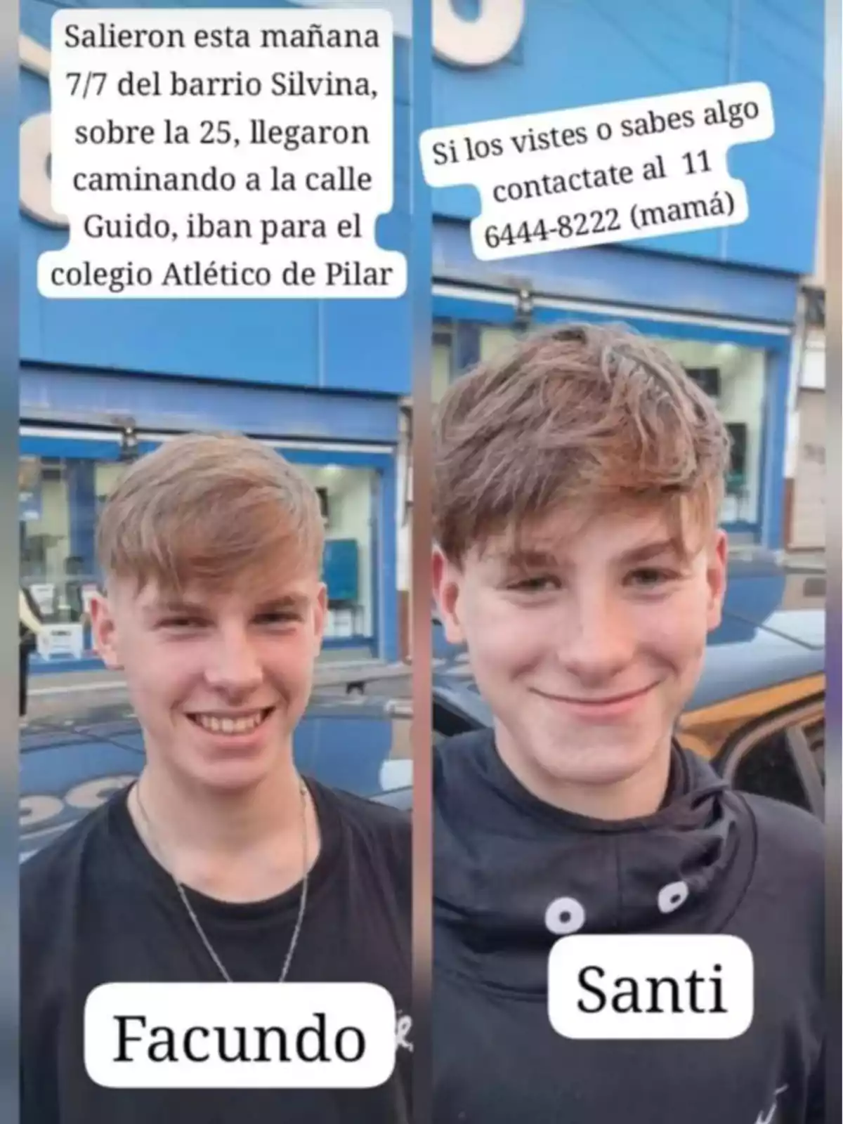 Two smiling teenagers, one identified as Facundo and the other as Santi, appear in an image with search messages and a contact number for information about their whereabouts. Two smiling teenagers, one identified as Facundo and the other as Santi, appear in an image with search messages and a contact number for information about their whereabouts.