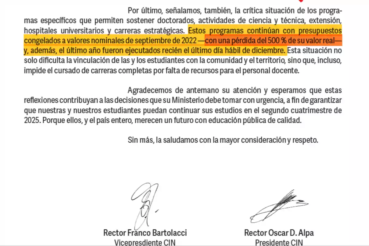 Fragmento de una carta institucional donde se destaca en amarillo la frase que menciona que los programas continúan con presupuestos congelados a valores nominales de septiembre de 2022, con una pérdida del 500 por ciento de su valor real y que el último año fueron ejecutados recién el último día hábil de diciembre, firmada por dos rectores. Fragmento de una carta institucional donde se destaca en amarillo la frase que menciona que los programas continúan con presupuestos congelados a valores nominales de septiembre de 2022, con una pérdida del 500 por ciento de su valor real y que el último año fueron ejecutados recién el último día hábil de diciembre, firmada por dos rectores.