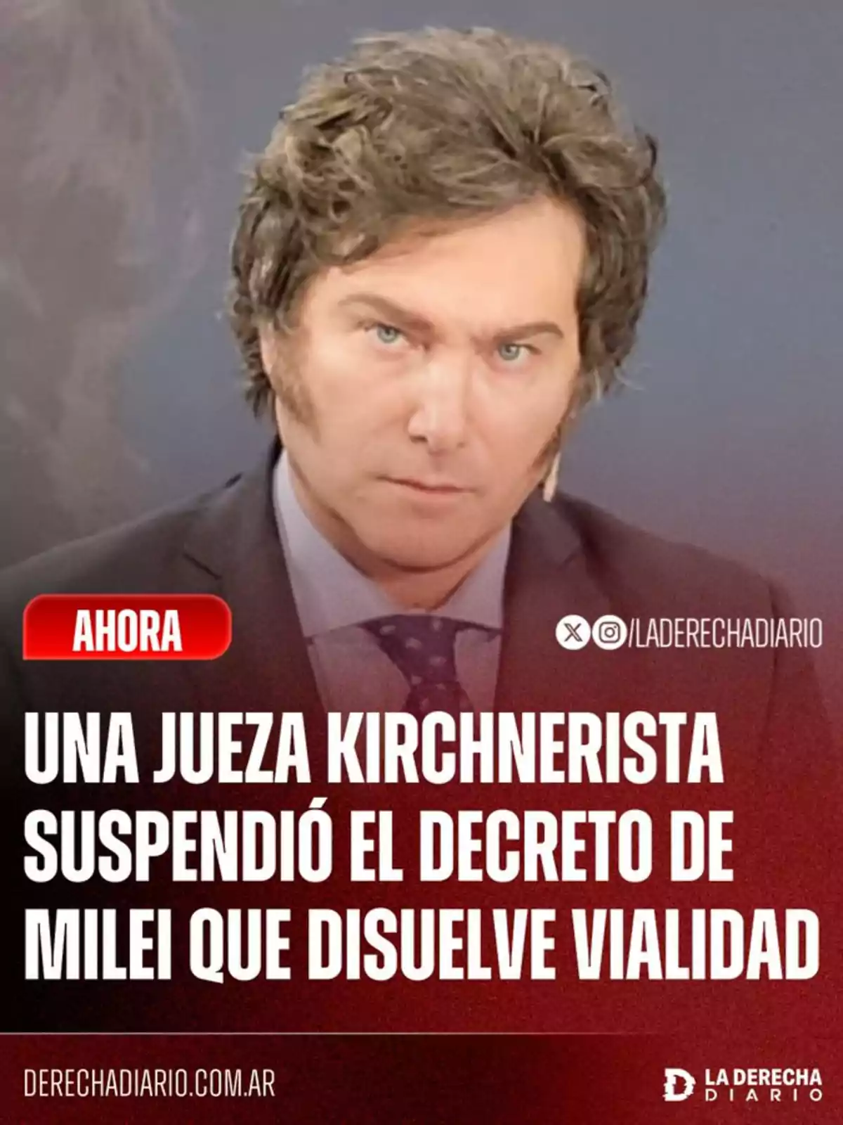 Hombre de cabello castaño y expresión seria con un texto que informa que una jueza kirchnerista suspendió el decreto de Milei que disuelve Vialidad Hombre de cabello castaño y expresión seria con un texto que informa que una jueza kirchnerista suspendió el decreto de Milei que disuelve Vialidad