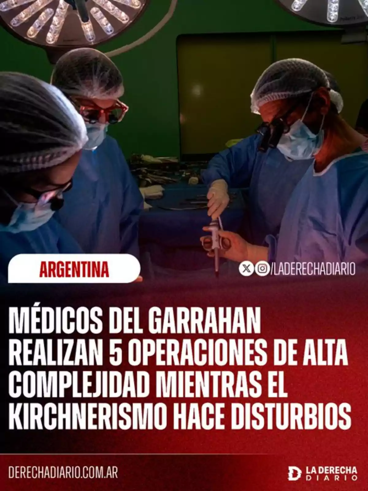 Tres médicos con barbijos y cofias realizan una cirugía en un quirófano iluminado mientras un texto destaca que médicos del Garrahan llevan a cabo cinco operaciones de alta complejidad en Argentina Tres médicos con barbijos y cofias realizan una cirugía en un quirófano iluminado mientras un texto destaca que médicos del Garrahan llevan a cabo cinco operaciones de alta complejidad en Argentina
