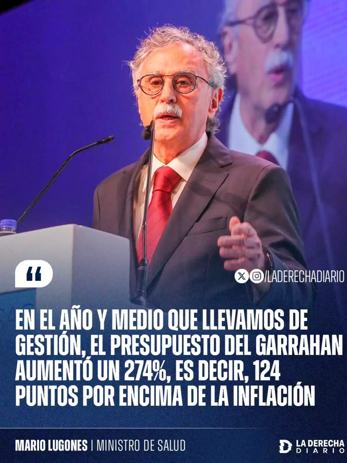 Gray-haired man with glasses speaking at a podium with a microphone, wearing a suit and red tie, with a blue background and a screen displaying his image, accompanied by text about the increase in the Garrahan hospital budget and the name Mario Lugones, Minister of Health. Gray-haired man with glasses speaking at a podium with a microphone, wearing a suit and red tie, with a blue background and a screen displaying his image, accompanied by text about the increase in the Garrahan hospital budget and the name Mario Lugones, Minister of Health.