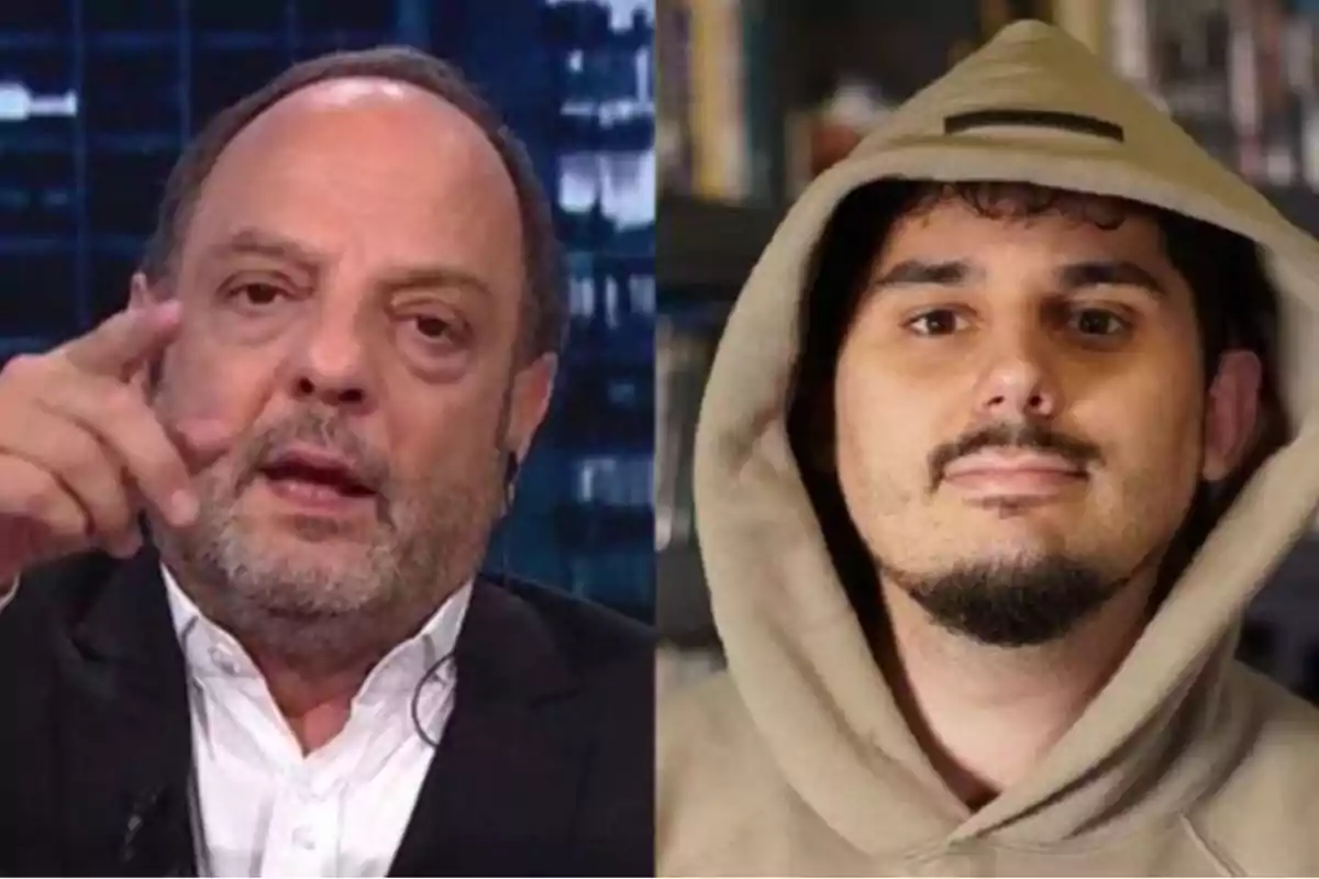 Dos hombres aparecen en la imagen, uno de ellos lleva saco y camisa blanca mientras señala con la mano, el otro viste una sudadera con capucha beige y mira al frente. Dos hombres aparecen en la imagen, uno de ellos lleva saco y camisa blanca mientras señala con la mano, el otro viste una sudadera con capucha beige y mira al frente.
