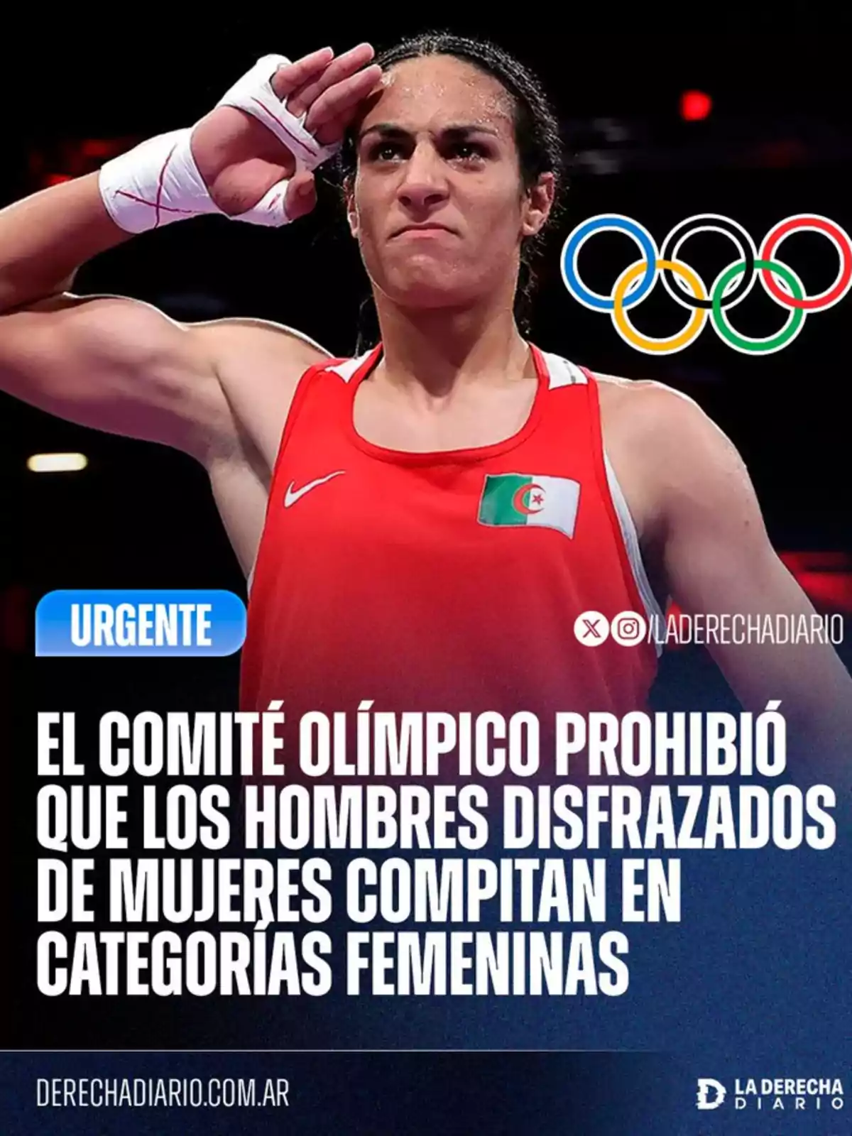 Person in a red sports uniform waving, next to the Olympic rings and a text mentioning a ban by the Olympic Committee on men participating in female categories Person in a red sports uniform waving, next to the Olympic rings and a text mentioning a ban by the Olympic Committee on men participating in female categories