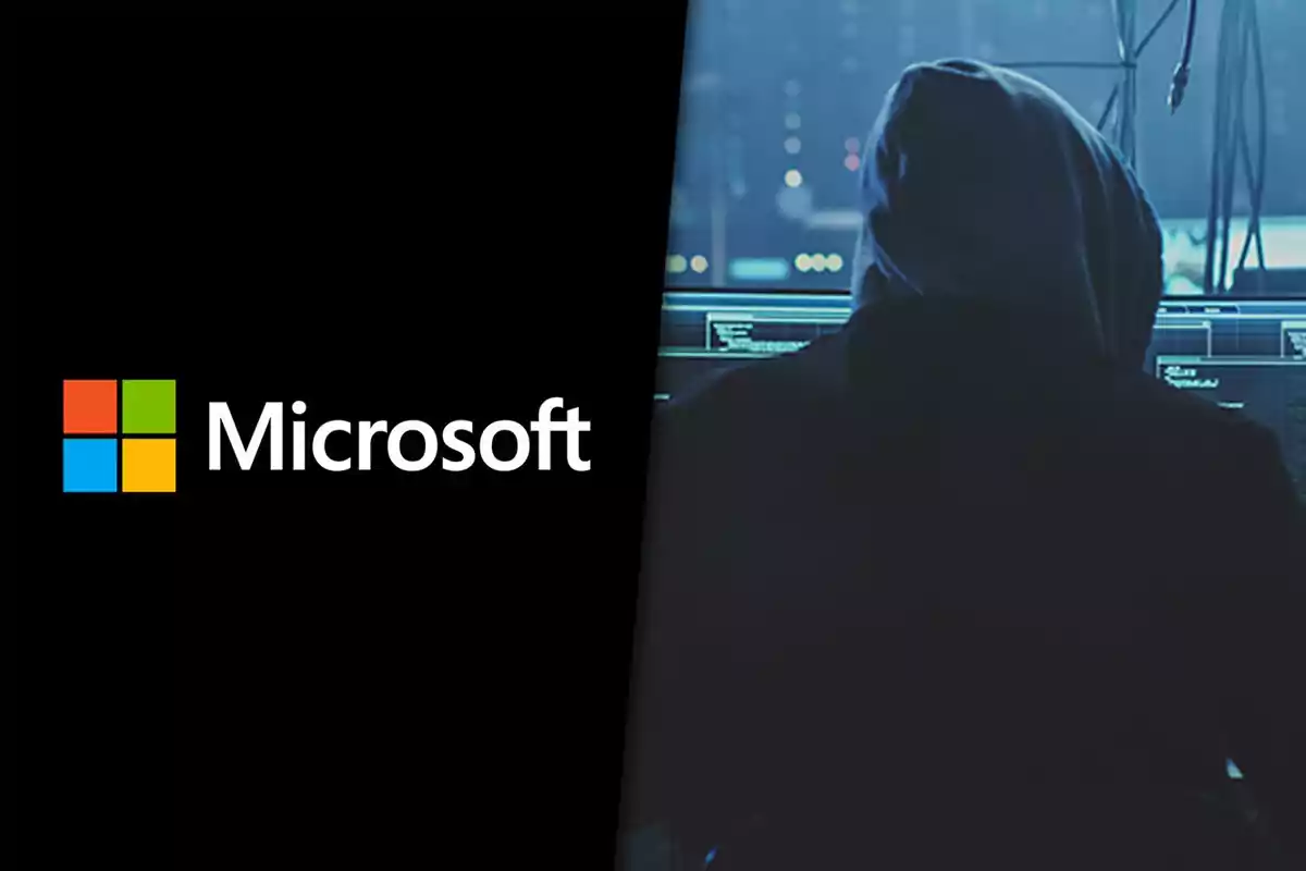 Microsoft logo next to the silhouette of a person in a hoodie in front of multiple computer screens in a dark environment