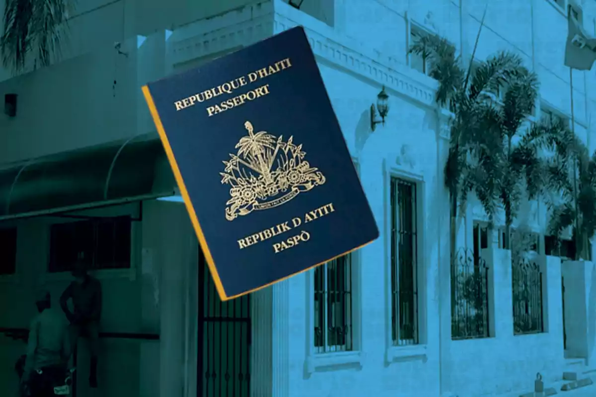 Pasaporte haitiano azul frente a un edificio con palmeras Pasaporte haitiano azul frente a un edificio con palmeras